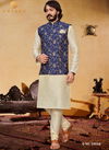 Cream And Blue Colour Latest Design Festive Wear Art Silk Digital Printed Kurta Pajama With Jacket Mens Collection 33018